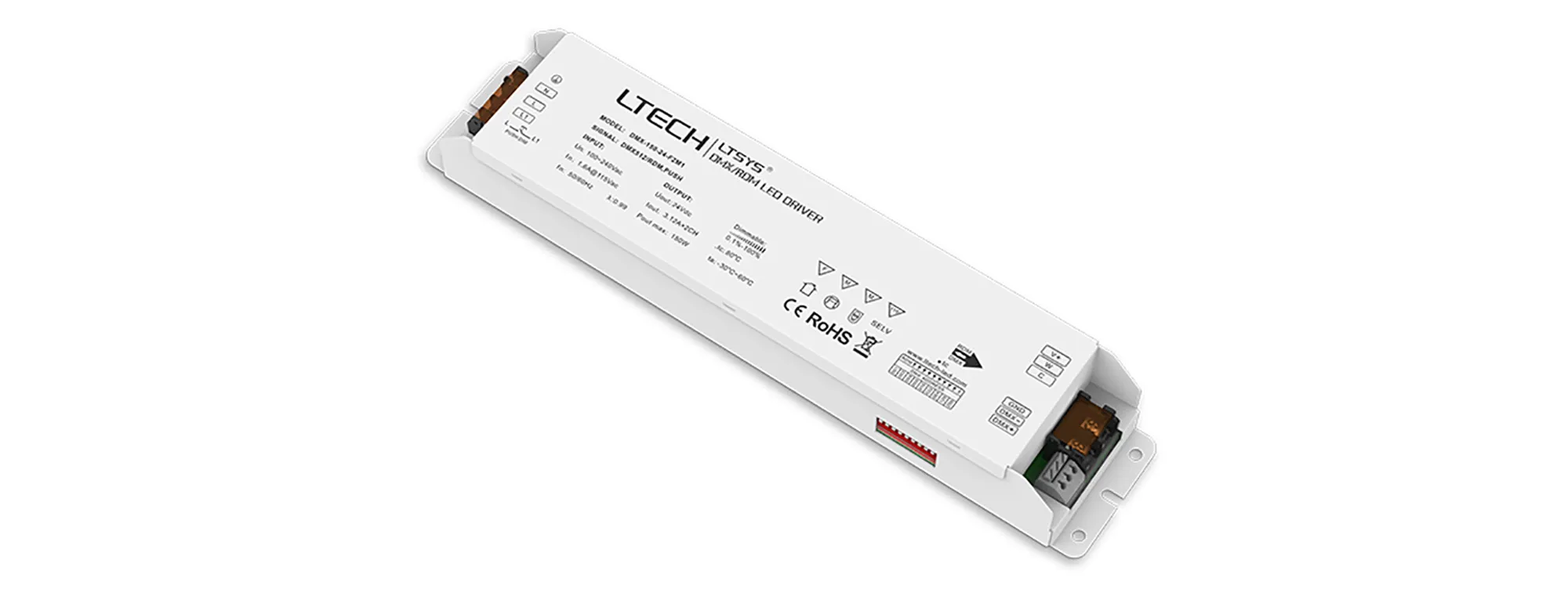 DMX-150-24-F2M1  DMX512/RDM, Push Dim, PWM, 150W, C.Voltage Dimmable Driver, 24V 3.12A x 2CH, EFF>91%, 3yrs Warranty.